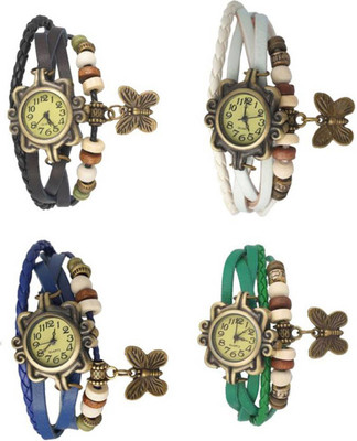 

Mettle Combo Latest Fancy Leather Hand Knit Vintage Watches Dress Bracelet Women Girls Ladies Clover Pendant Retro ( Pack Of 4 )MT-53 Watch - For Girls