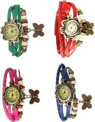 

Mettle Combo Latest Fancy Leather Hand Knit Vintage Watches Dress Bracelet Women Girls Ladies Clover Pendant Retro ( Pack Of 4 )MT-147 Watch - For Women
