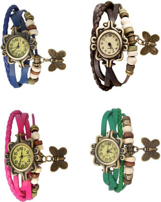 

Mettle Combo Latest Fancy Leather Hand Knit Vintage Watches Dress Bracelet Women Girls Ladies Clover Pendant Retro ( Pack Of 4 )MT-139 Watch - For Women