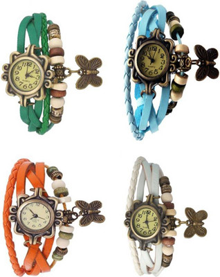 

Mettle Combo Latest Fancy Leather Hand Knit Vintage Watches Dress Bracelet Women Girls Ladies Clover Pendant Retro ( Pack Of 4 )MT-146 Watch - For Women