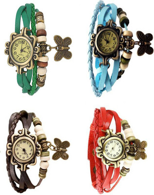 

Mettle Combo Latest Fancy Leather Hand Knit Vintage Watches Dress Bracelet Women Girls Ladies Clover Pendant Retro ( Pack Of 4 )MT-164 Watch - For Women