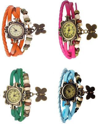 

Mettle Combo Latest Fancy Leather Hand Knit Vintage Watches Dress Bracelet Women Girls Ladies Clover Pendant Retro ( Pack Of 4 )MT-157 Watch - For Women