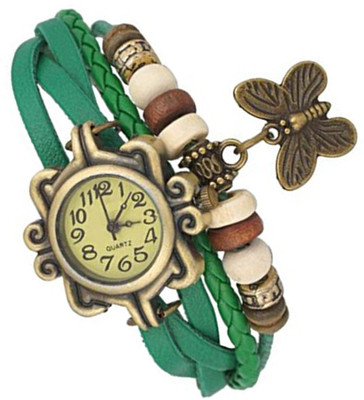 

Mettle Fancy Green Leather Hand Knit Vintage Watches Dress Bracelet Women Girls Ladies Clover Pendant Retro.1801-GRN004 Watch - For Women
