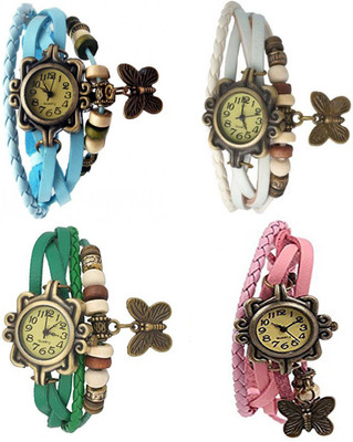 

Mettle Combo Latest Fancy Leather Hand Knit Vintage Watches Dress Bracelet Women Girls Ladies Clover Pendant Retro ( Pack Of 4 )MT-95 Watch - For Women