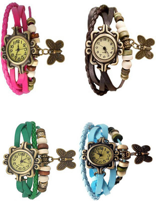 

Mettle Combo Latest Fancy Leather Hand Knit Vintage Watches Dress Bracelet Women Girls Ladies Clover Pendant Retro ( Pack Of 4 )MT-114 Watch - For Girls