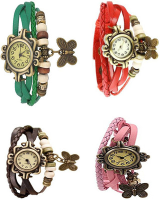 

Mettle Combo Latest Fancy Leather Hand Knit Vintage Watches Dress Bracelet Women Girls Ladies Clover Pendant Retro ( Pack Of 4 )MT-109 Watch - For Women