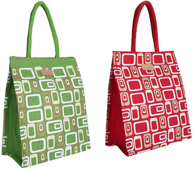 

Ecotara Golden Glaze Designer Super Saver Classic Printed Multipurpose Premium Quality Eco Friendly Everyday Useful Travel Bag, Office Bag, Lunch Bag, Hand Bag, Gift Bag With Closing Zipper Natural Jute Bag For Mens & Womens (11.5"H X 10"L) (Red & Green) 
