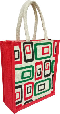 

styles creation Square Print Designer Stylish Red Handicraft Jute Lunch Tiffin Handbag Waterproof Lunch Bag(Red, White, Green, 11 inch)