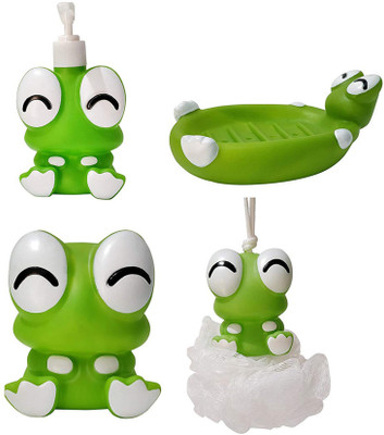 

AASA Combo of Cute Kids Bathroom Bathroom Set, Soap Dish, Loofah, Toothbrush Holder, Soap Dispenser, Set of 4 Bath Toy(Green)
