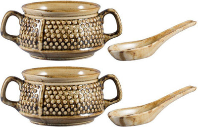 

caffeine Double Handled Soup Bowl with Spoon Ceramic/Stoneware in Brown Bubble Handmade by Caffeine-Set of 2 Ceramic Bowl Set(Brown, Pack of 4)