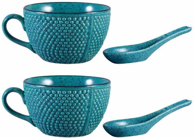 

caffeine Single Handled Soup Bowl with Two Spoon Free Ceramic/Stoneware in Green Bubble Handmade by Caffeine-Set of 2 Ceramic Bowl Set(Green, Pack of 2)