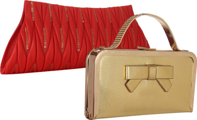 Element Cart Casual, Formal, Party Red, Gold Clutch, Gold;red