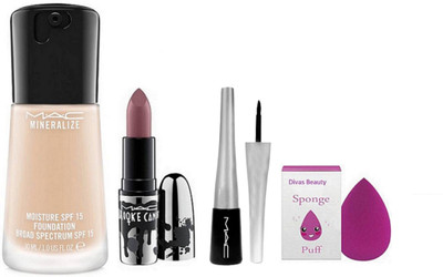 

divas beauty sponge puff & Minerlize SPF 15 Liquid Foundation with Matte Finish Long lasting Lipstick, Super Slick Liquid Eyeliner(Set of 4)