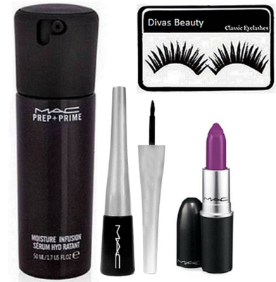 

divas beauty Eyelashes, Mac Prep+Prime Moisture Infusion Serum , MAc Purpal Lipstick, Mac Super Slick Liquid Eyeliner(Set of 4)