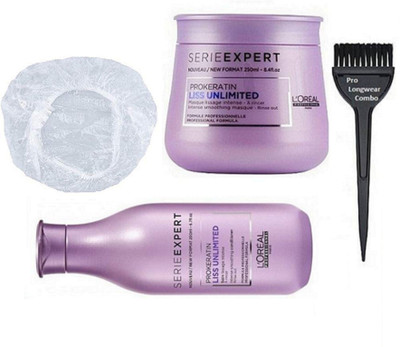 

Pro longwear combo Hair Brush,L'Oreal Series Expert Prokertin Liss Unlimited Shampoo 300 mL + Masque 250 mL,Shower Cap(Set of 4)