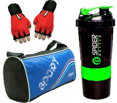 

Snipper Combo of Sport Blue Bag , Red Gloves and Green Spider Shaker Gym & Fitness Kit