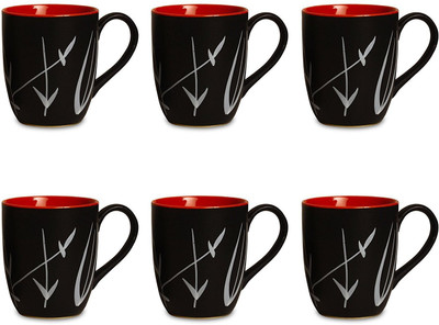

caffeine Coffee Stoneware in Black & Red Leaf (Set of 6) Handmade Ceramic Mug(300 ml, Pack of 6)