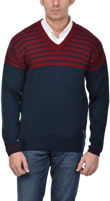 aarbee Striped V Neck Casual Men Blue Sweater