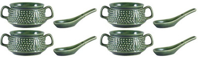 

caffeine Double Handled Soup Bowl with Spoon Ceramic/Stoneware in Green Bubble Handmade by Caffeine-Set of 4 Ceramic Bowl Set(Green, Pack of 4)