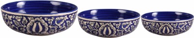 caffeine Ceramic Serving Bowl Handmade Blue Mughal(Pack of 3, Blue, White)