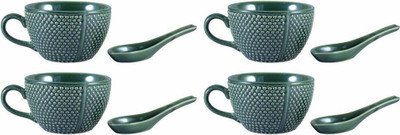 

caffeine Single Handled Soup Bowl with Four Spoon Free Ceramic/Stoneware in Ocean Green Bubble Handmade by Caffeine-Set of 4 Ceramic Bowl Set(Green, Pack of 8)
