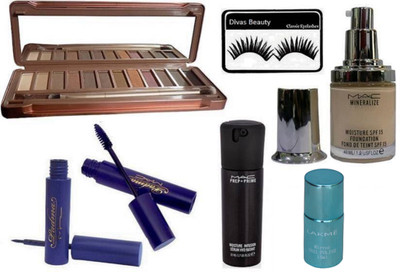 

divas beauty Eyelashes&naked 9 Eyehadow palette 12 shade&Mineralize Foundation&Eyeliner&Mascara&Prep+prime Face Serum&Nail Polish(Set of 7)