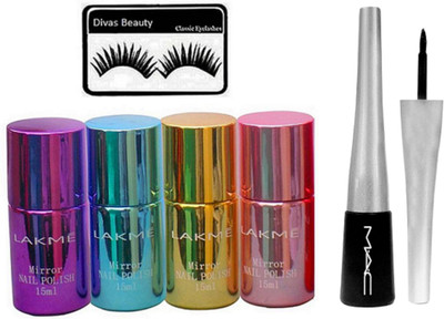 

divas beauty Eyelashes& Mirror Nail Polish, Mac Super Slick Liquid Eyeliner(Set of 6)