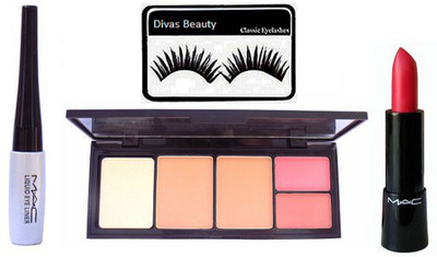 

divas beauty Eyelashes& Mac Liquid Last Liner & Matte Lipstick & Viva Glam Colour Loose Powder Blush With Compact(Set of 4)