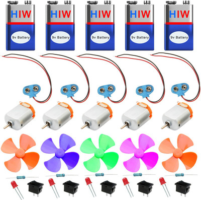 

Kit4Curious 9v battery connector DC Motor Fan LED Switch resistance (5pcs each) with instruction manual Educational Electronic Hobby Kit