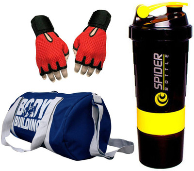 

Snipper Combo of Bodybuilding Blue Bag , Gloves Red And Spider Shaker Yellow Gym & Fitness Kit