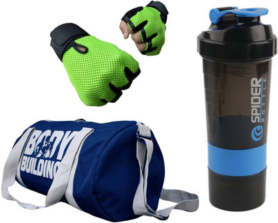 

Snipper Combo of Bodybuilding Blue Bag , Gloves Green And Spider Shaker Blue Gym & Fitness Kit