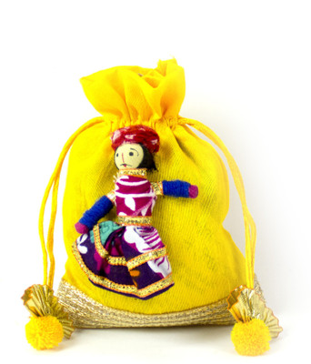 

LINE 'N' CURVES line n Curves New Rakhi Gift Collection Decorative Potli with Puppet for Gifting, Storage, Wedding Gift Pack, Dry Fruit Packing, Trousseau Packing Pack of 10 Potli Potli(Yellow)