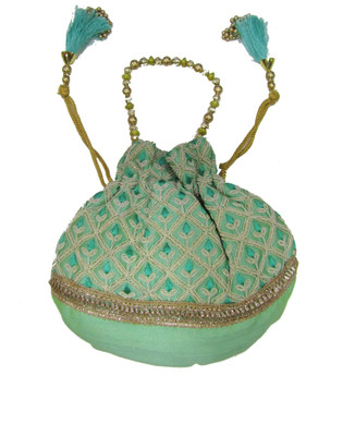

Deepsum Ethnic Clutch Silk Potli Batwa Pouch Bag with Metal Beadwork Gift For Women Potli Potli(Green)