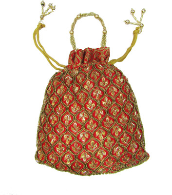 

Deepsum Ethnic Clutch Silk Potli Batwa Pouch Bag with Metal Beadwork Gift For Women Potli(Red)