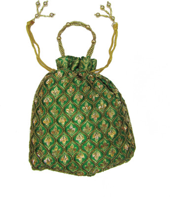 

Deepsum Ethnic Clutch Silk Potli Batwa Pouch Bag with Metal Beadwork Gift For Women Potli(Green)
