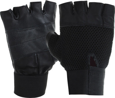 

JVoutfits Genuine Leather Gym Gloves Gym & Fitness Gloves (Free Size, Black)