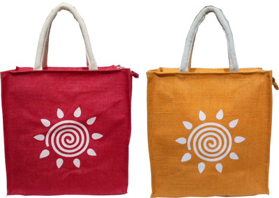 

styles creation Combo Of Multipurpose Print Designer Red & Yellow Handicraft Jute Lunch Tiffin Handbag Waterproof Lunch Bag(Red, Yellow, 12 inch)