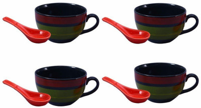 

caffeine Single Handled Soup Bowl with Spoon in Green Chandrakari Ceramic Bowl Set(Green, Pack of 4)