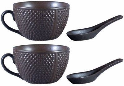 

caffeine Single Handled Soup Bowl with Two Spoon Free Ceramic/Stoneware in Brown Bubble Handmade by Caffeine-Set of 2 Ceramic Bowl Set(Brown, Pack of 4)