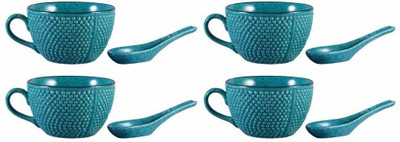 

caffeine Single Handled Soup Bowl with Four Spoon Free Ceramic/Stoneware in Green Bubble Handmade by Caffeine-Set of 4 Ceramic Bowl Set(Green, Pack of 4)
