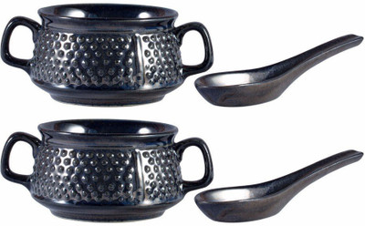 

caffeine Double Handled Soup Bowl with Two Spoon Free Ceramic/Stoneware in Black Bubble Handmade by Caffeine-Set of 2 Ceramic Bowl Set(Black, Pack of 2)