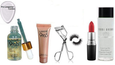 

Pro longwear combo Silicon Puff& 9 To 5 Face Serum,Weightless Mousse Foundation,Mac Lipstick, Eyelashes& Its Curler With Bobbi Brown Remover(Set of 7)