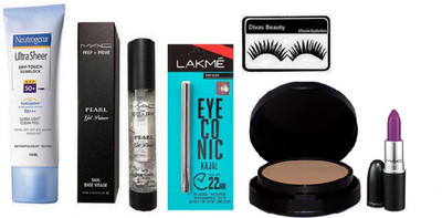 

divas beauty Eyelashes, Neutrogena Ultra Sheer Dry-Touch SPF 50+ Sunblock Cream, Eyeconic Deep Black Kajal, Mac Prep+prime pearl Face Primer, Lipstick Purple Shade, Powder Plus Foundation Studio Fix Pressed Powder compact(Set of 6)