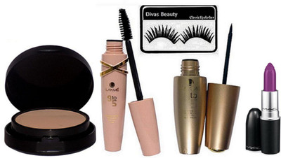 

divas beauty Eyelashes & 9 to 5 Eyeliner & Mascara, Mac Lipstick Purple, Powder Plus Foundation Studio Fix Pressed Powder compact(Set of 5)