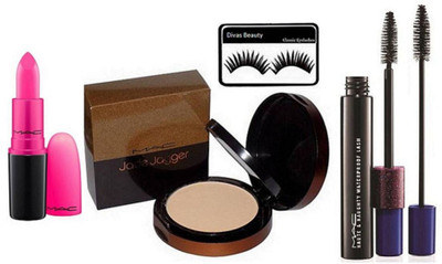 

divas beauty eyelashes & mac Jage Jagger Compact with Longlasting Matte Finish Lipstick Candy Yum Yum, Haute & Naughty Black Double Effect Mascara(Set of 4)