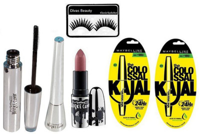 

divas beauty Eyelashes With Mac Brooke Candy Liquid Eyeliner,Mascara & Eyelashes & Brown Lipstick & Maybelline New York Colossal Kajal(Set of 6)