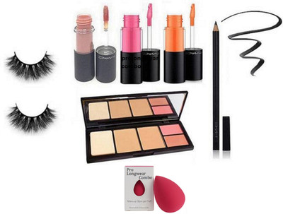 

Pro longwear combo Sponge Puff,Eyelashes,Versicolour Stain Encre A Levres Longlasting Lipgloss Set Of 3,Pencil Kajal,2 Shades Compact,2 Shades Blusher Of Mac(Set of 7)