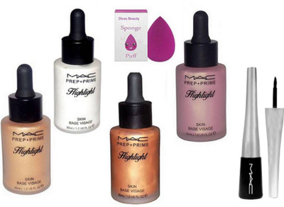 

divas beauty Sponge Puff With Mac Prep+Prime Highlighter Skin Base Visage, Mac Super Slick Liquid Eyeliner(Set of 6)