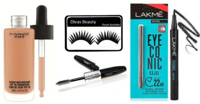 

divas beauty Eyelashes&Mac Studio Water Weight Foundation,Colorbar 2in 1 Eyeliner Mascara,yeconic Kajal,Eyeliner(Set of 5)
