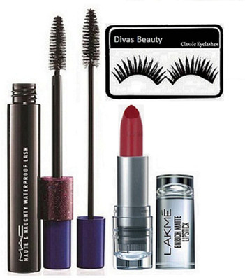 

divas beauty Eyelashes, Lakme Dark Red Lipstick, Mac Haute & Naughty Black Double Effect Mascara(Set of 3)
